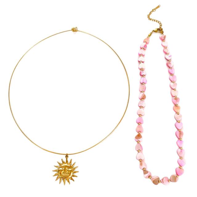 Pink shell heart choker stainless steel necklace with sun pendant