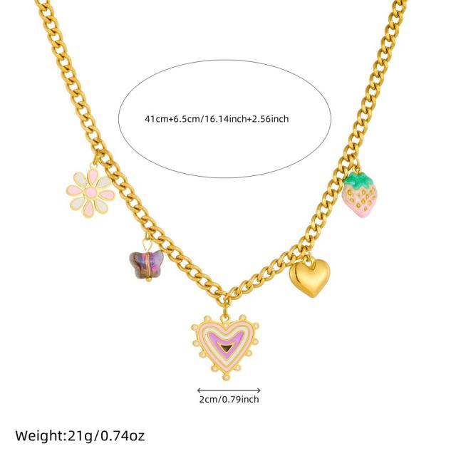 Sweet enamel heart strawberry heart charm necklace stainless steel necklace