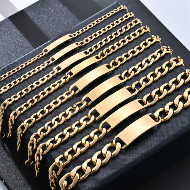 Stainless steel bracelet figaro chain engrave bar chain bracelet for men women