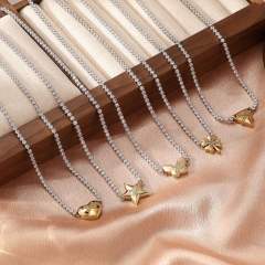 Two tone tennis chain star clover heart butterfly stainless steel necklace