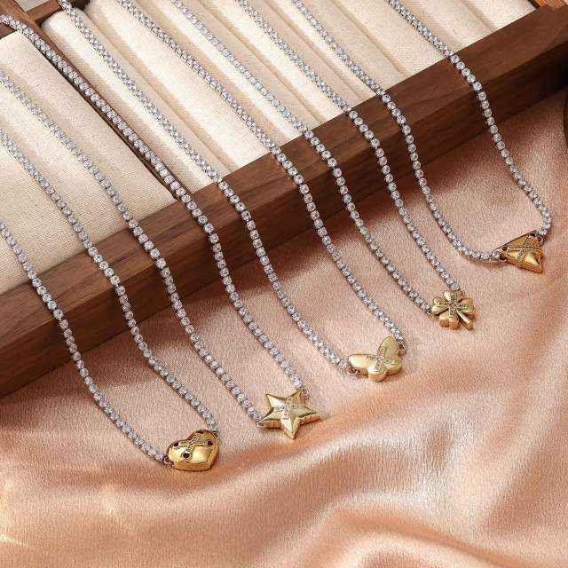 Two tone tennis chain star clover heart butterfly stainless steel necklace