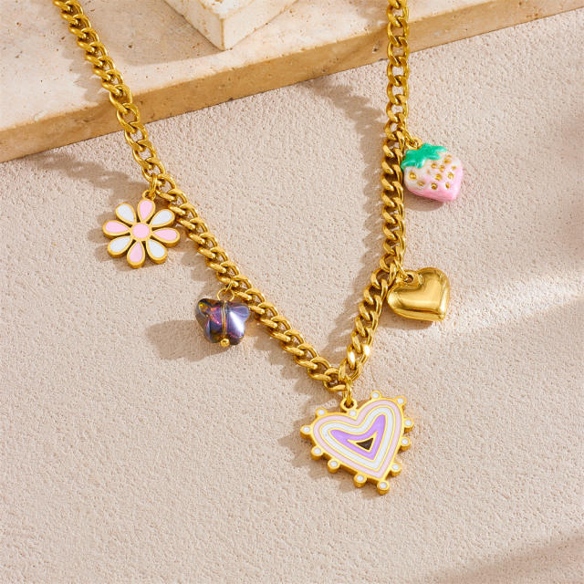 Sweet enamel heart strawberry heart charm necklace stainless steel necklace