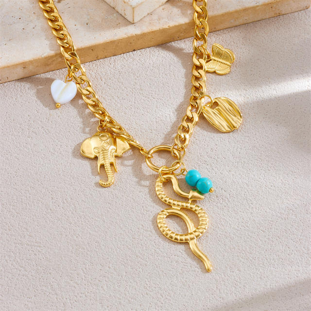 Vintage snake elephant animal charm stainless steel necklace