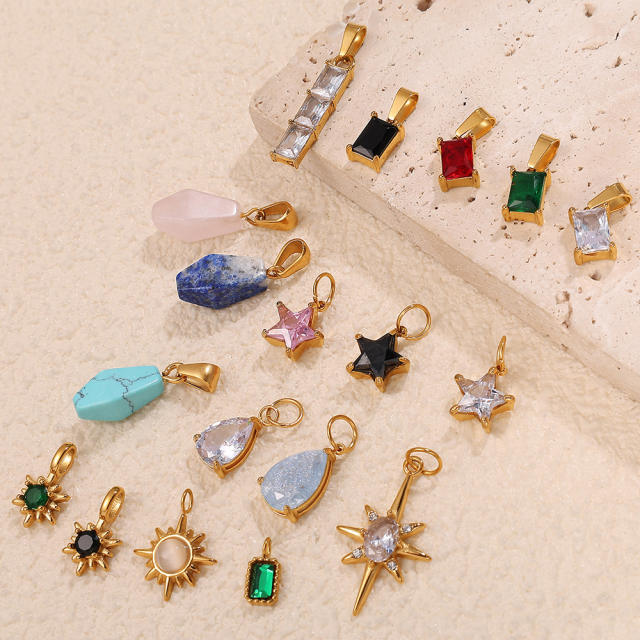 18K gold plated geometric colored gemstone rectangular five-pointed star necklace pendant pendant DIY jewelry accessories women