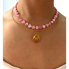 Pink shell heart choker stainless steel necklace with sun pendant