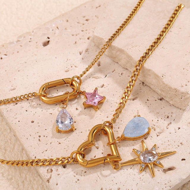 18K gold plated geometric colored gemstone rectangular five-pointed star necklace pendant pendant DIY jewelry accessories women
