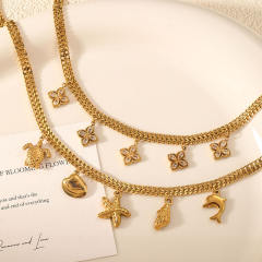 Gold color clover ocean series charm stainless steel necklace