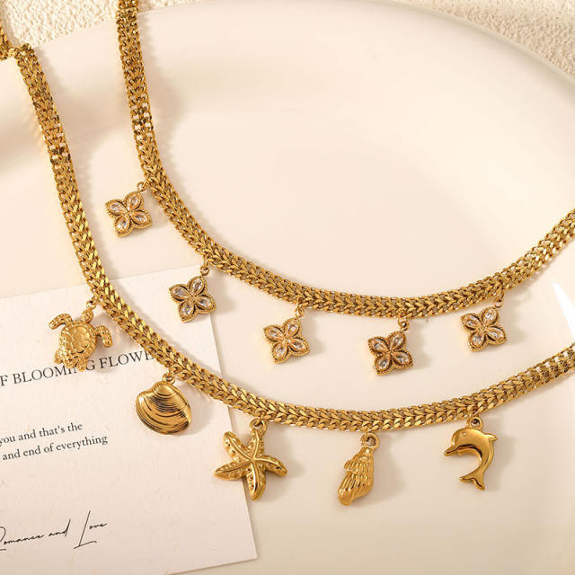 Gold color clover ocean series charm stainless steel necklace