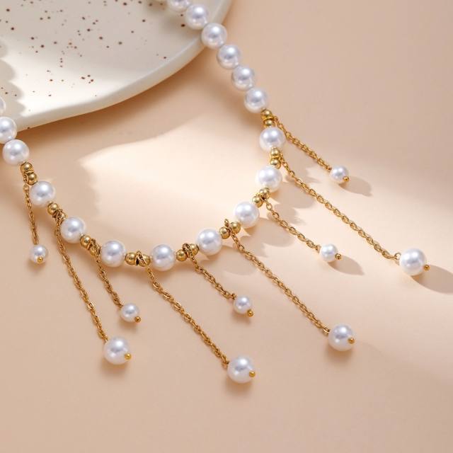 Elegant pearl bead tassel stainless steel necklace choker