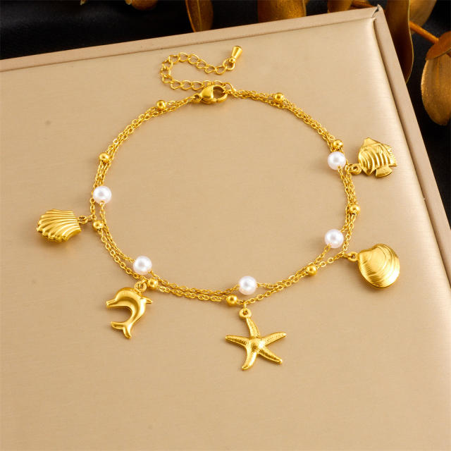 Beach vacation ocean wind shell starfish tropical fish pendant stacked chain stainless steel anklet women