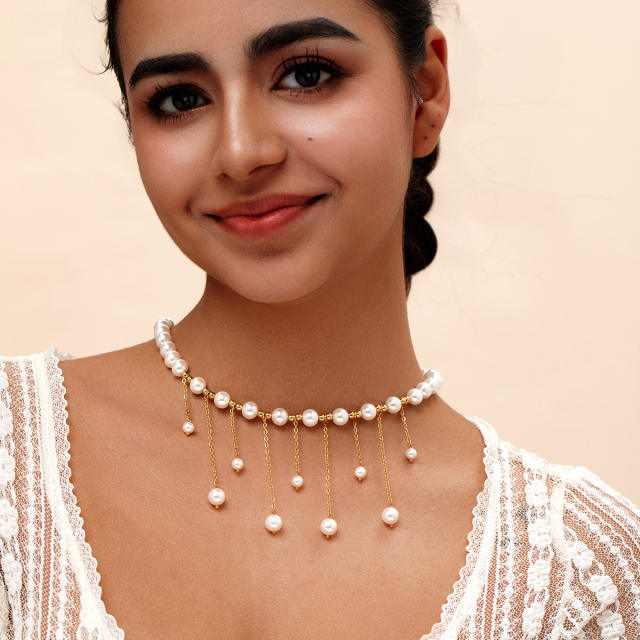 Elegant pearl bead tassel stainless steel necklace choker