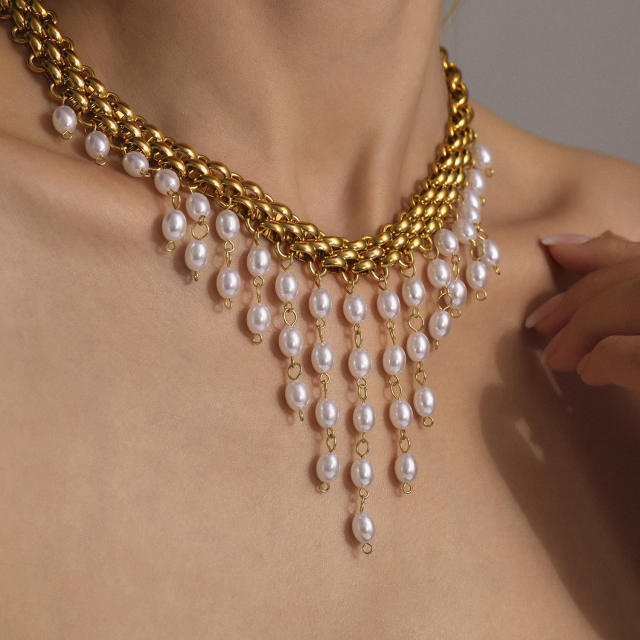 Pearl Beads Tassel Necklace Bracelet Thick Exaggerated Heavy Industry Stainless Steel Jewelry for Women