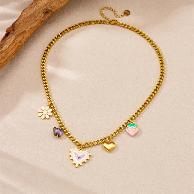 Sweet enamel heart strawberry heart charm necklace stainless steel necklace