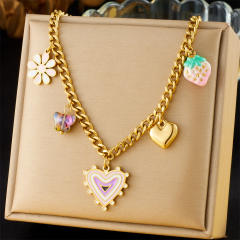 Sweet enamel heart strawberry heart charm necklace stainless steel necklace