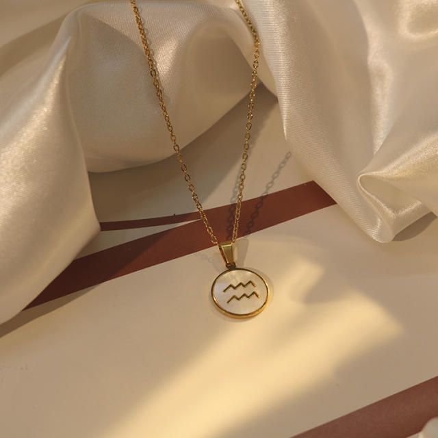 18KG white shell roune piece pendant zodiac stainless steel necklace