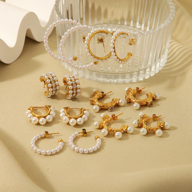 Pearl bead inlaid stainless steel earrings hoop earrings collection
