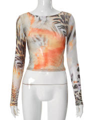 Fashion women's new vintage printed round neck long sleeve top