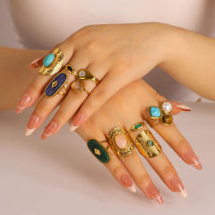 Vintage natural stone statement stainless steel rings