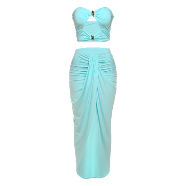 2025 Summer Hollow Backless cropped Top High Waist Solid Color Split Skirt suit Women