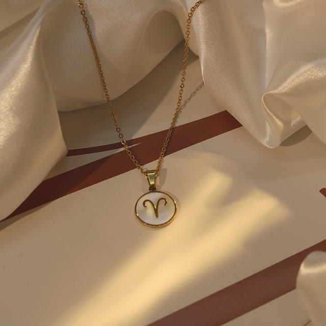18KG white shell roune piece pendant zodiac stainless steel necklace