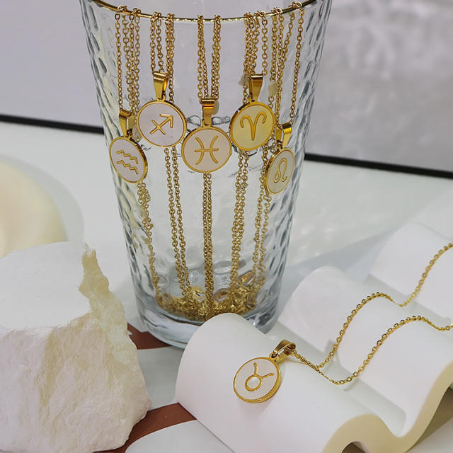 18KG white shell roune piece pendant zodiac stainless steel necklace