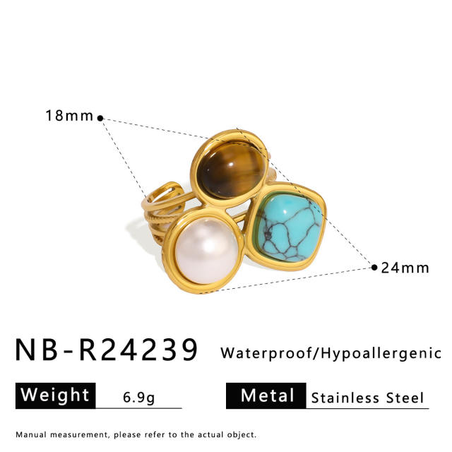 Vintage natural stone statement stainless steel rings