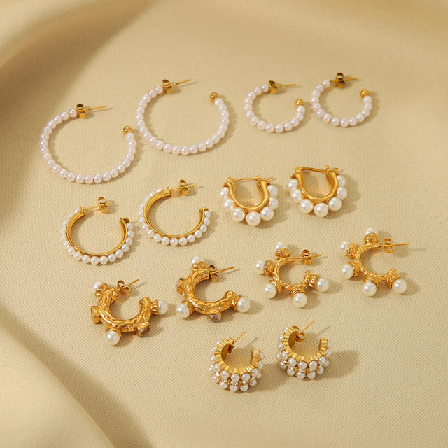 Pearl bead inlaid stainless steel earrings hoop earrings collection