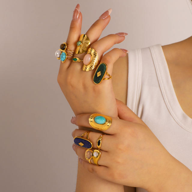 Vintage natural stone statement stainless steel rings