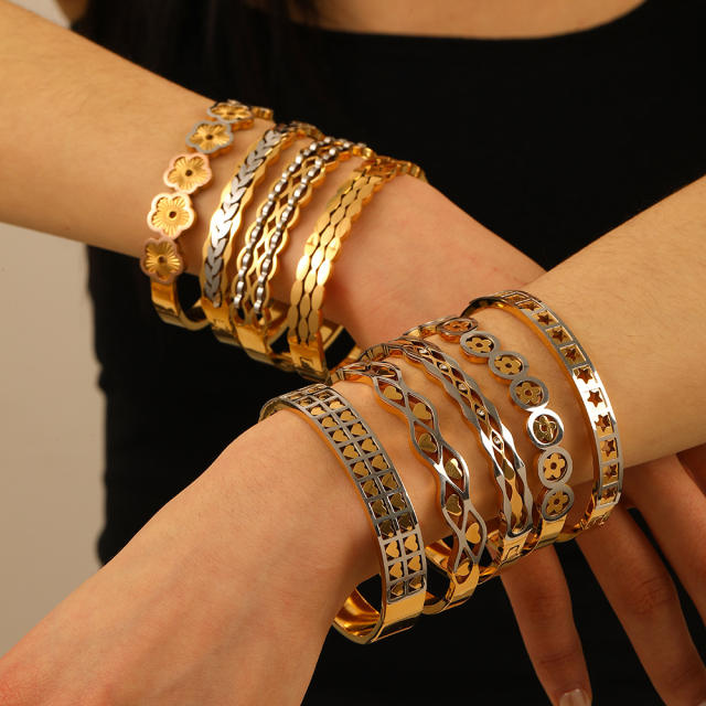 18K gold plated two tone stainless steel bangle hollow bangle