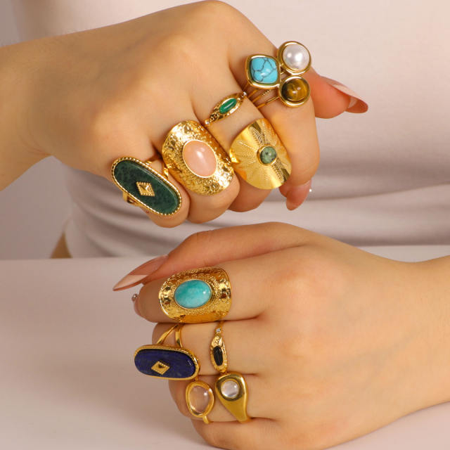 Vintage natural stone statement stainless steel rings