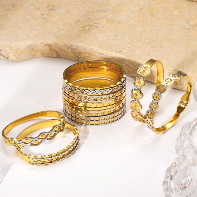 18K gold plated two tone stainless steel bangle hollow bangle