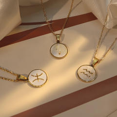 18KG white shell roune piece pendant zodiac stainless steel necklace