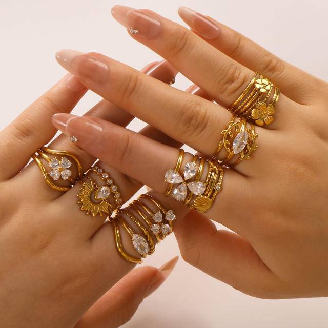Zircon Love Four-leaf Flower Stainless Steel Rings Women's stackable rings