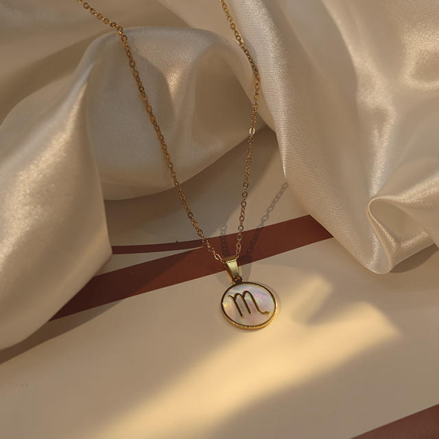 18KG white shell roune piece pendant zodiac stainless steel necklace