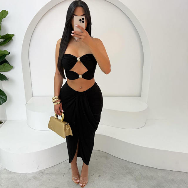 2025 Summer Hollow Backless cropped Top High Waist Solid Color Split Skirt suit Women