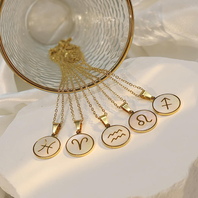 18KG white shell roune piece pendant zodiac stainless steel necklace