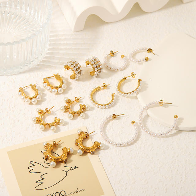 Pearl bead inlaid stainless steel earrings hoop earrings collection