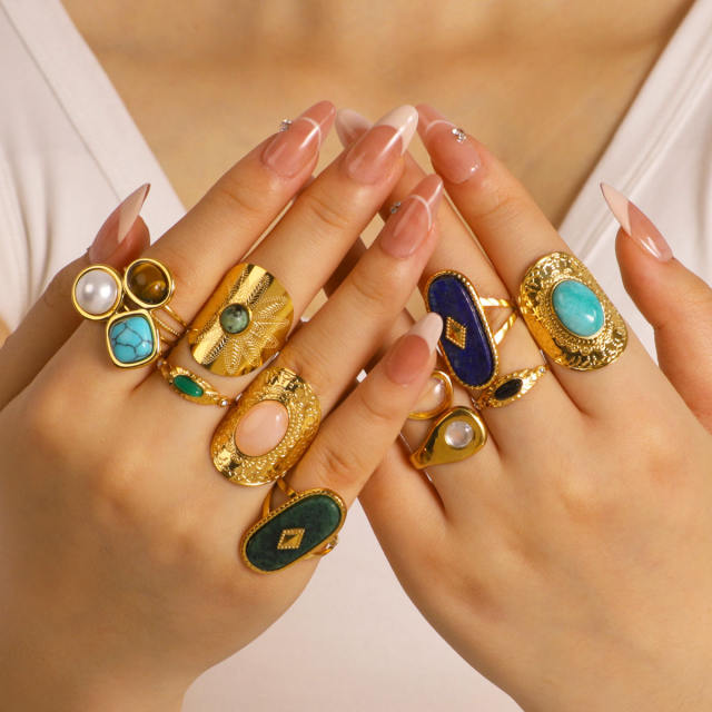 Vintage natural stone statement stainless steel rings