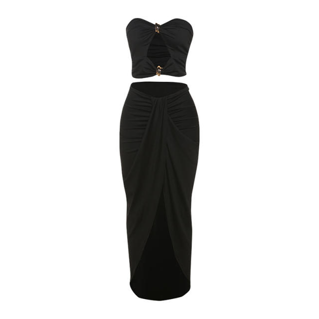 2025 Summer Hollow Backless cropped Top High Waist Solid Color Split Skirt suit Women