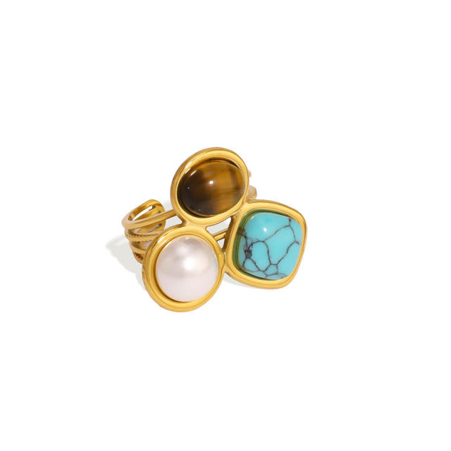 Vintage natural stone statement stainless steel rings