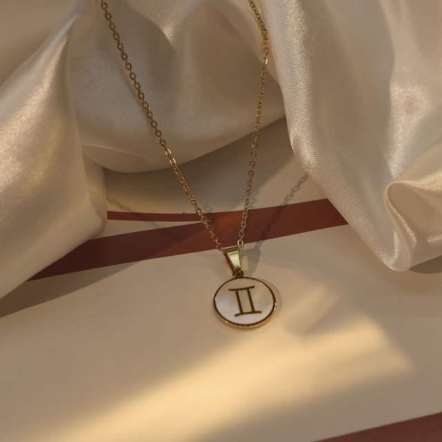 18KG white shell roune piece pendant zodiac stainless steel necklace
