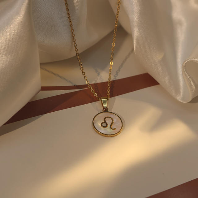 18KG white shell roune piece pendant zodiac stainless steel necklace