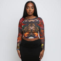 Fashion women's new vintage printed round neck long sleeve top