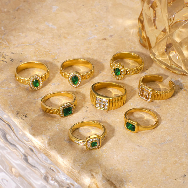 Delicate cubic zircon inlaid emerald stainless steel rings diamond rings