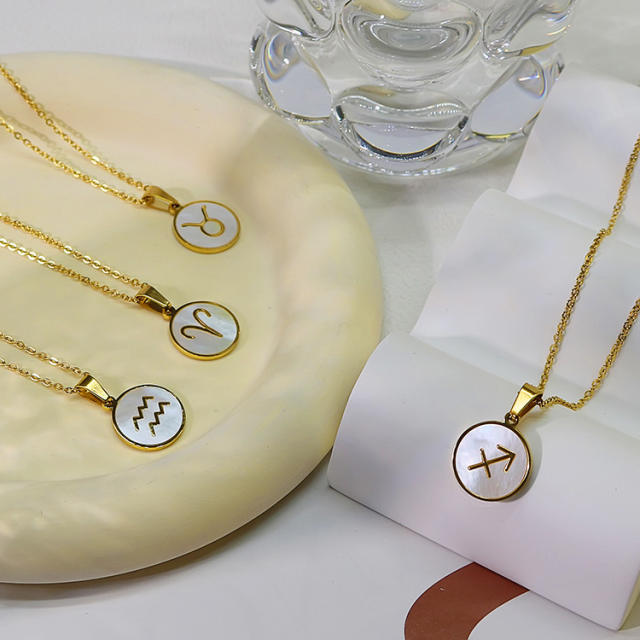 18KG white shell roune piece pendant zodiac stainless steel necklace
