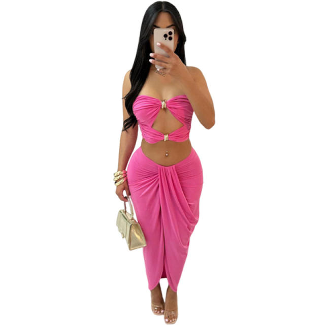 2025 Summer Hollow Backless cropped Top High Waist Solid Color Split Skirt suit Women