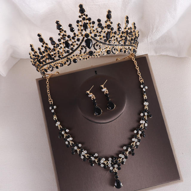 Baroque elegant rhinestone birthday crown bridal necklace earrings suit