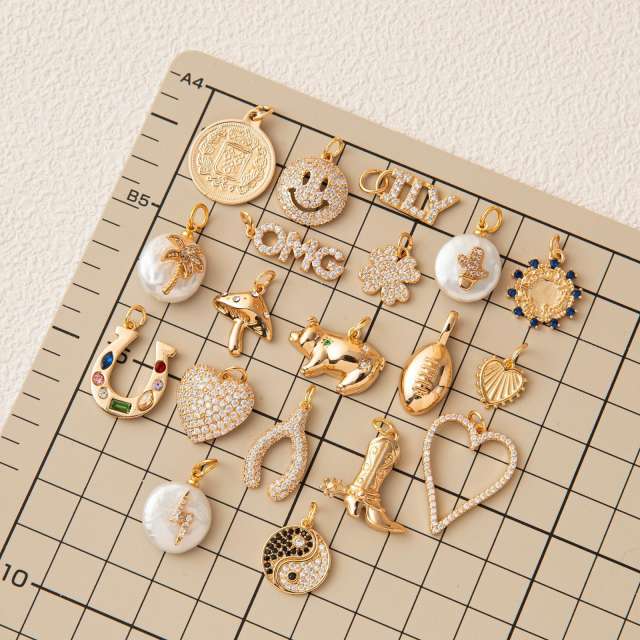 Gold plated copper diamond heart clover taichi DIY jewelry charm