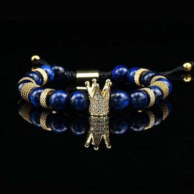 Natural tiger eye stone micro-inlaid zircon crown woven bracelet enamel stainless steel bangle set for men