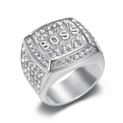 HIPHOP ring titanium steel gold plated diamond box BOSS letter men's ring